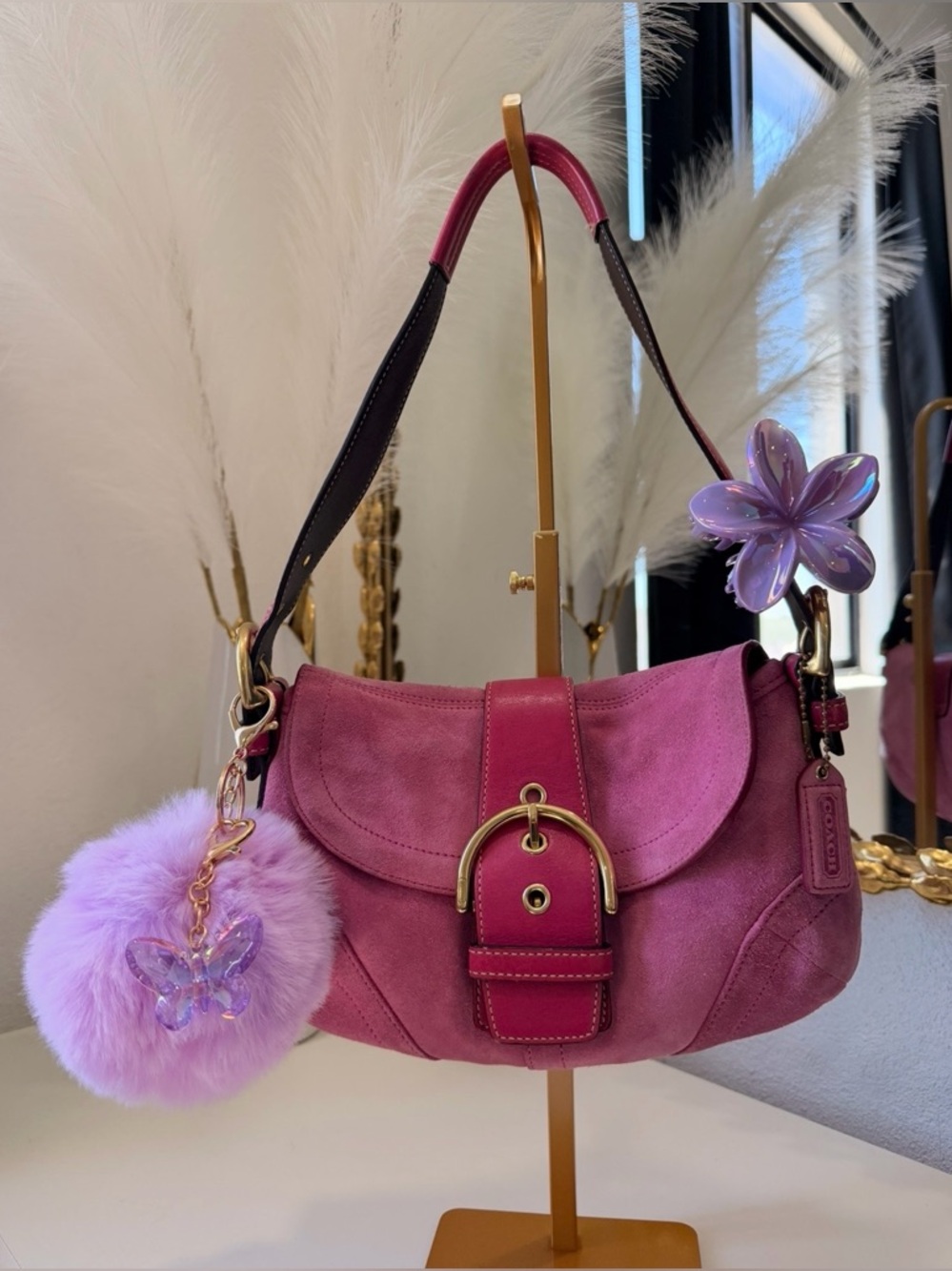 Coach Pink Suede Shoulder Bag with Gold Hardware